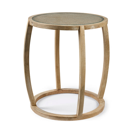 Hubbard Round Woven Cane w/Glass Top Solid Wood Base Side Table (special order)