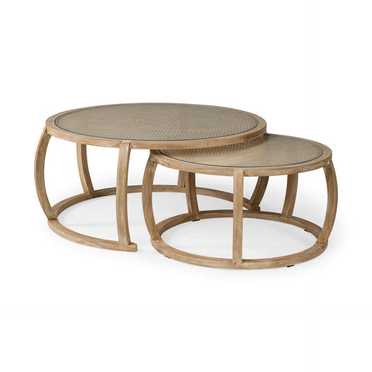 Hubbard Set of 2 Round Woven Cane w/Glass Top Solid Wood Coffee Tables (special order)