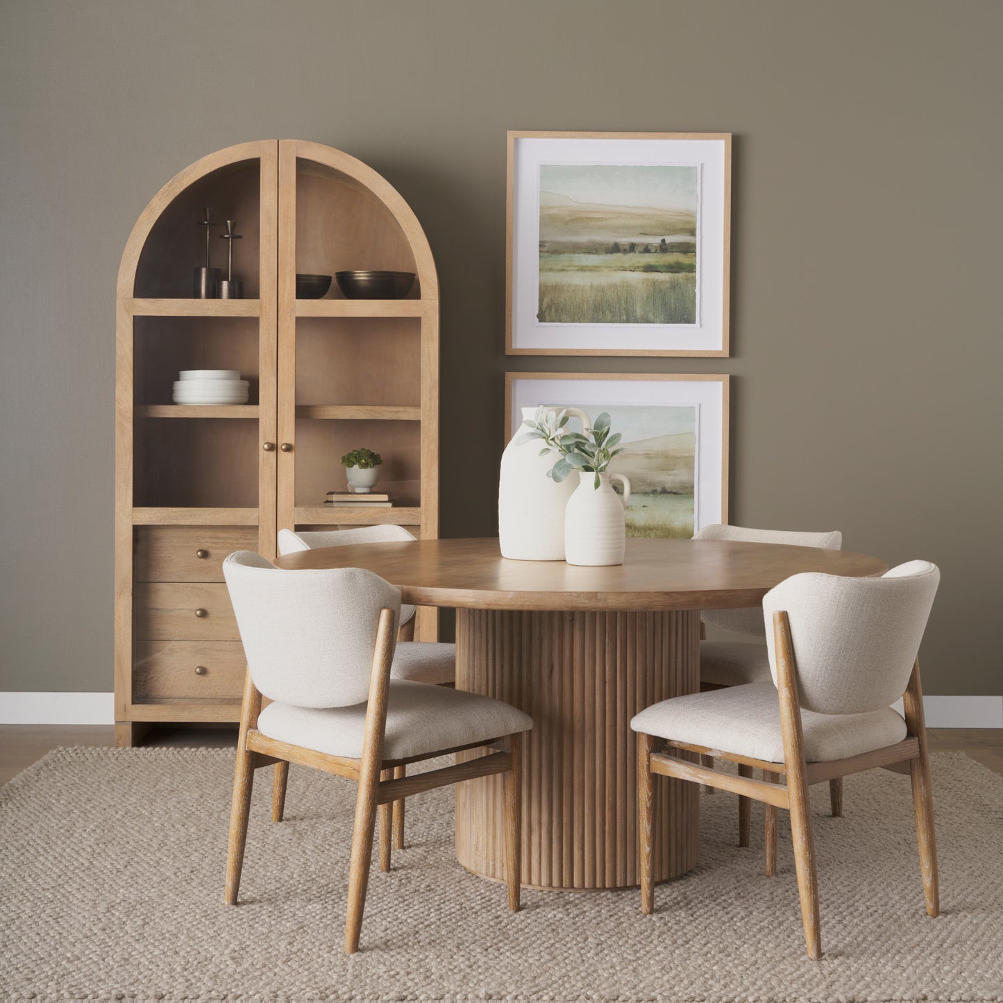 Light Brown Wood W/Glass Doors Arched Curio Cabinet