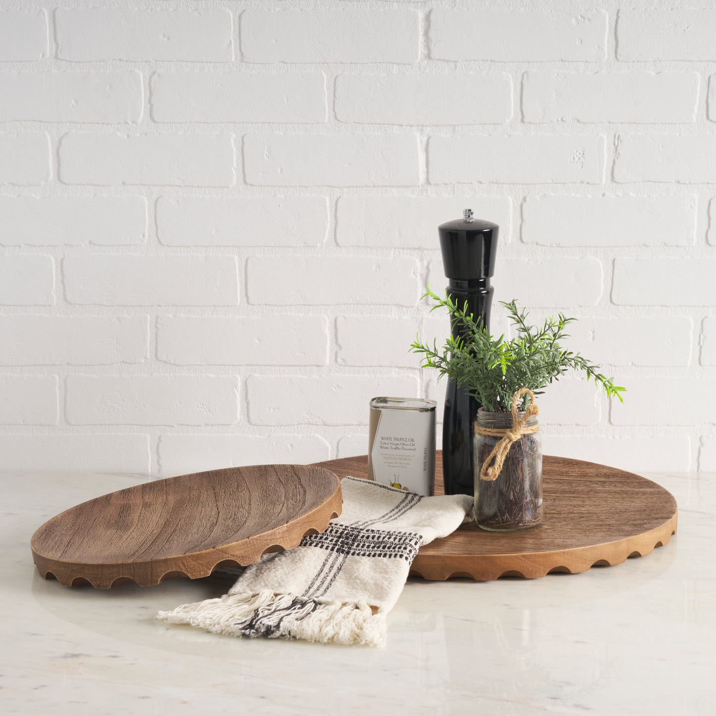 Round Light Brown Wood Scalloped Edged Trays