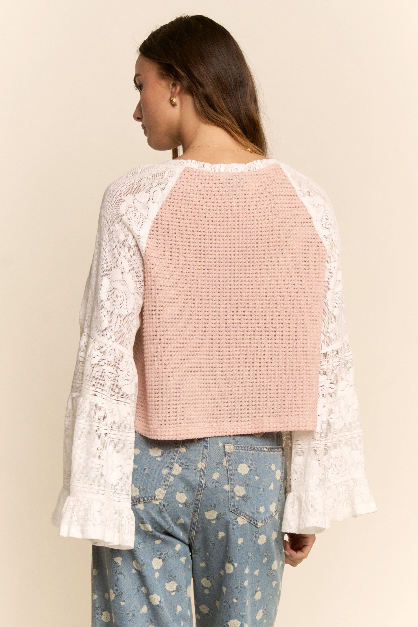 Soft Waffle Knit Lace Bow Patchwork Top