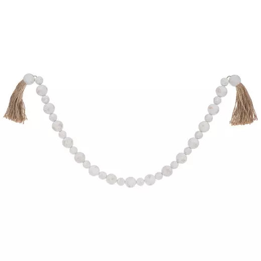 Distressed White Beaded Garland Stand With Tassels