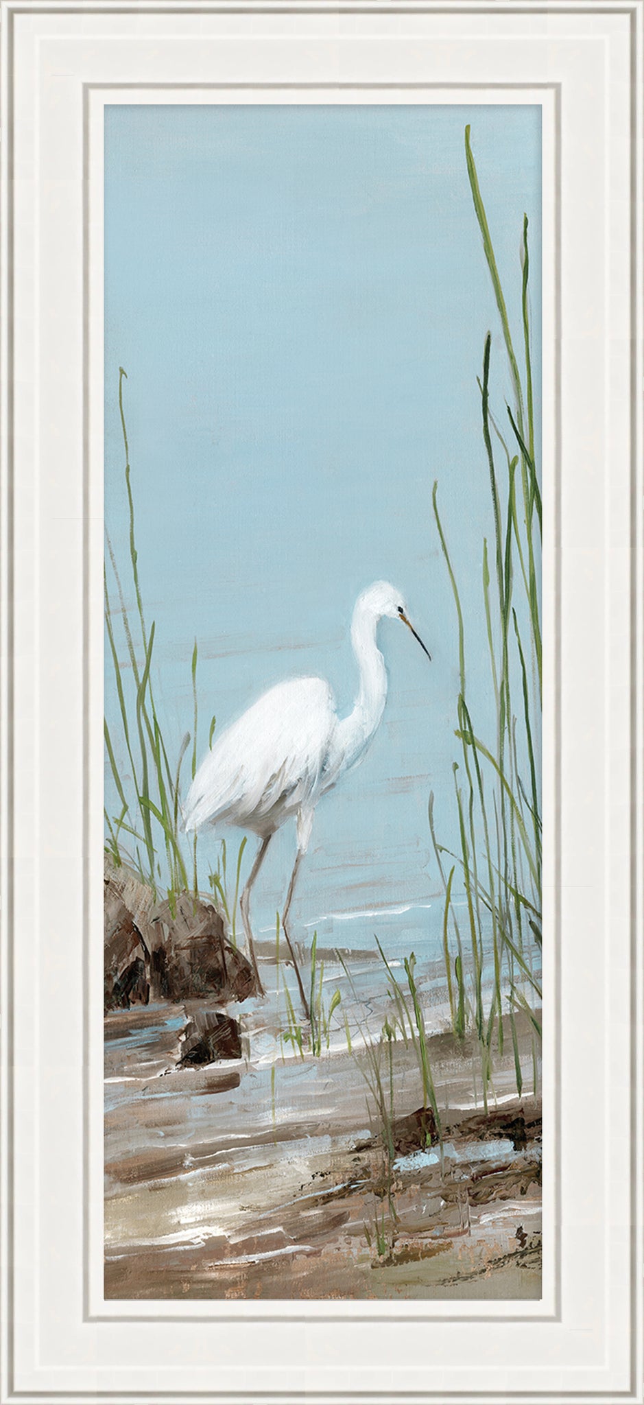Great Egret art with White Beveled Frame 16"x 44"