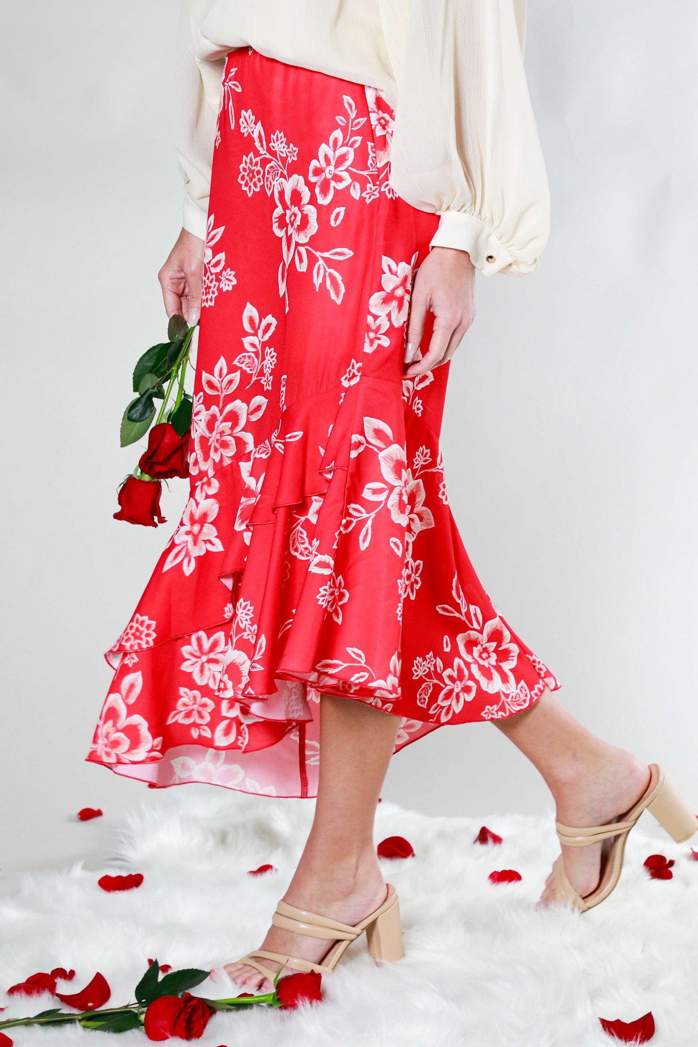 Floral ruffle skirt-red