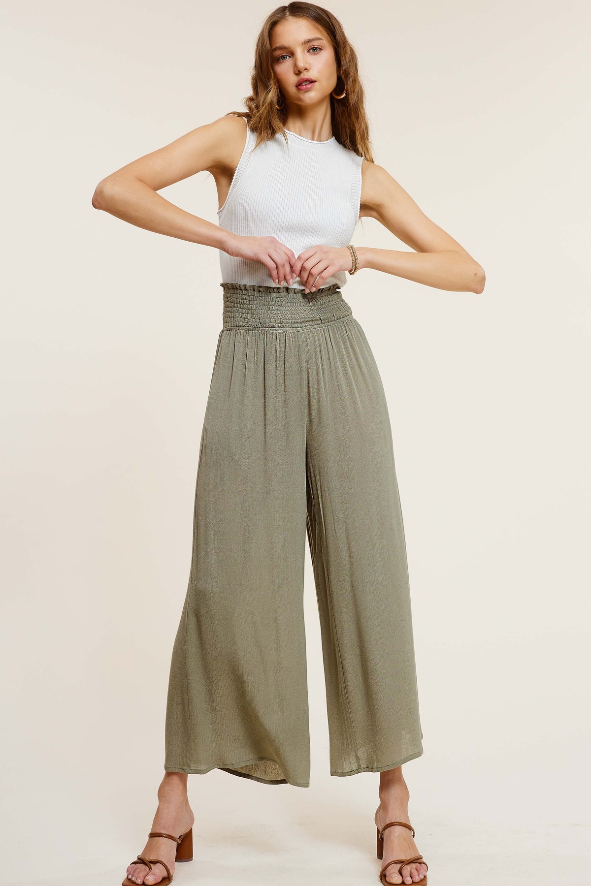 Smocked Waist Lightweight Pants With Side Pockets