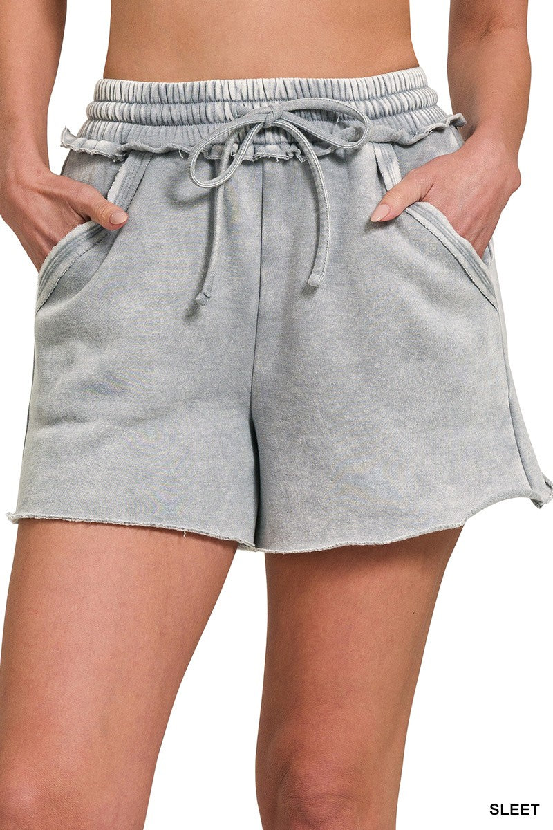 Acid Wash Fleece Drawstring Shorts