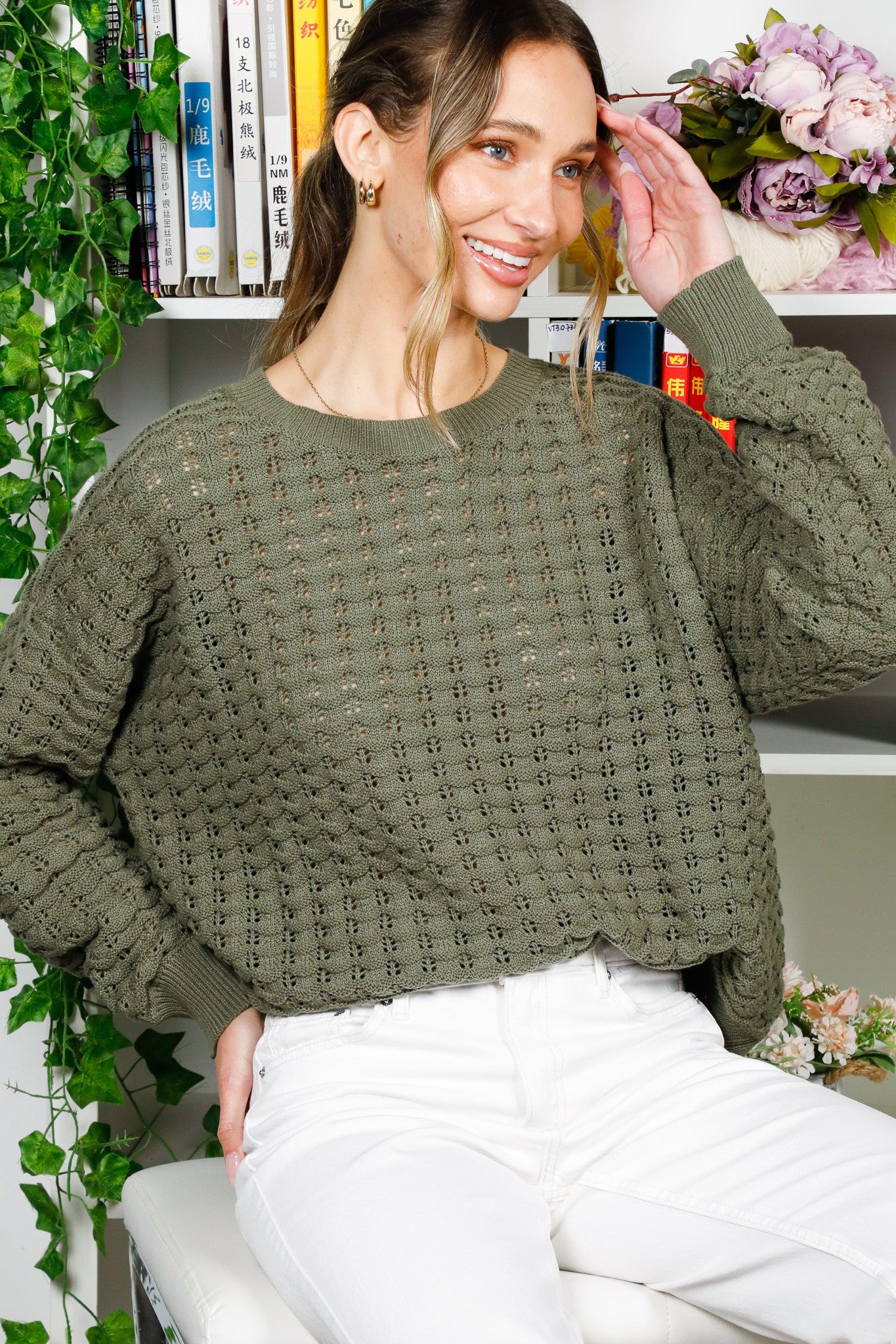 Knitted Crochet Top - Olive