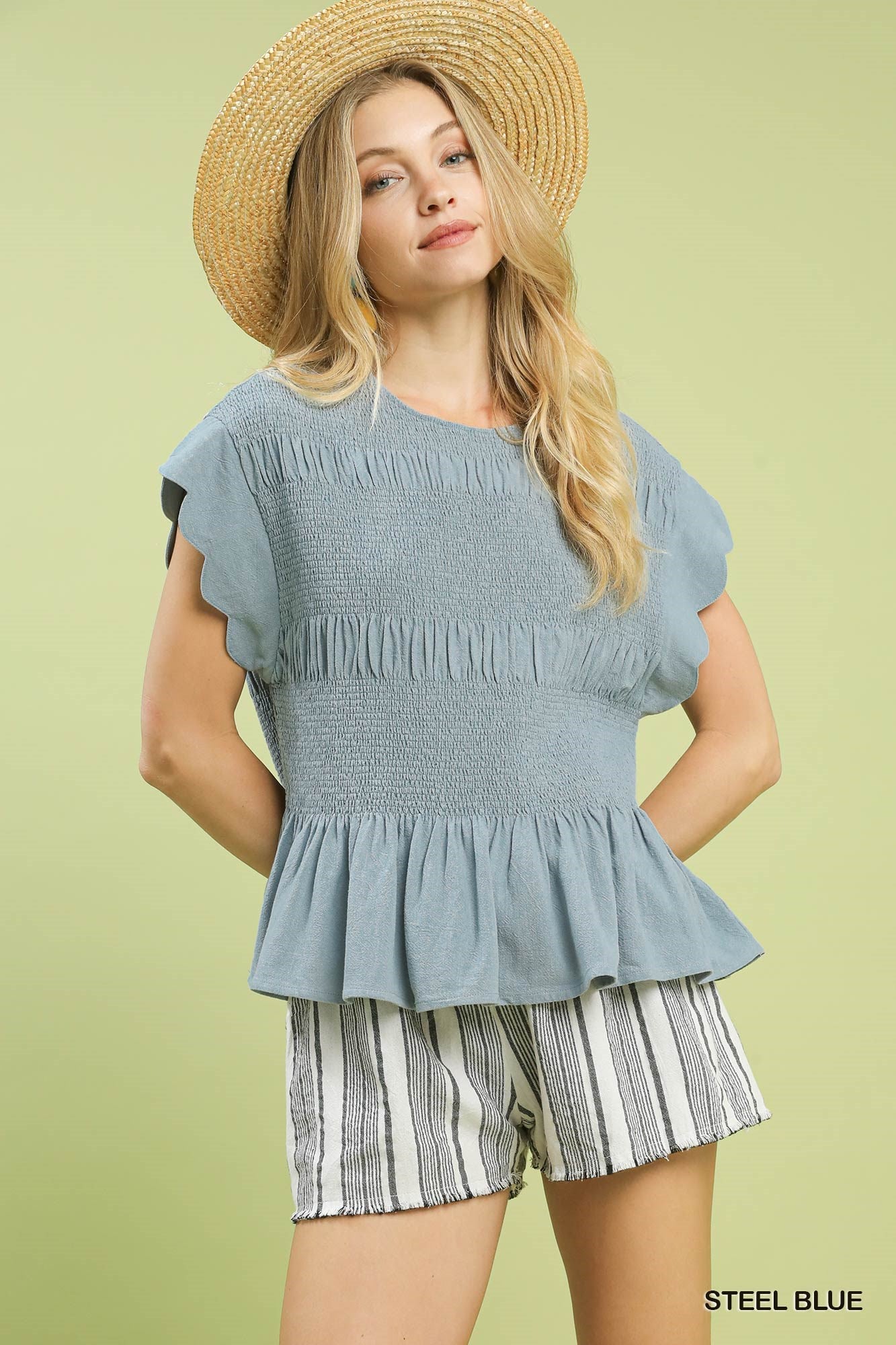 LINEN blend smocked peplum top