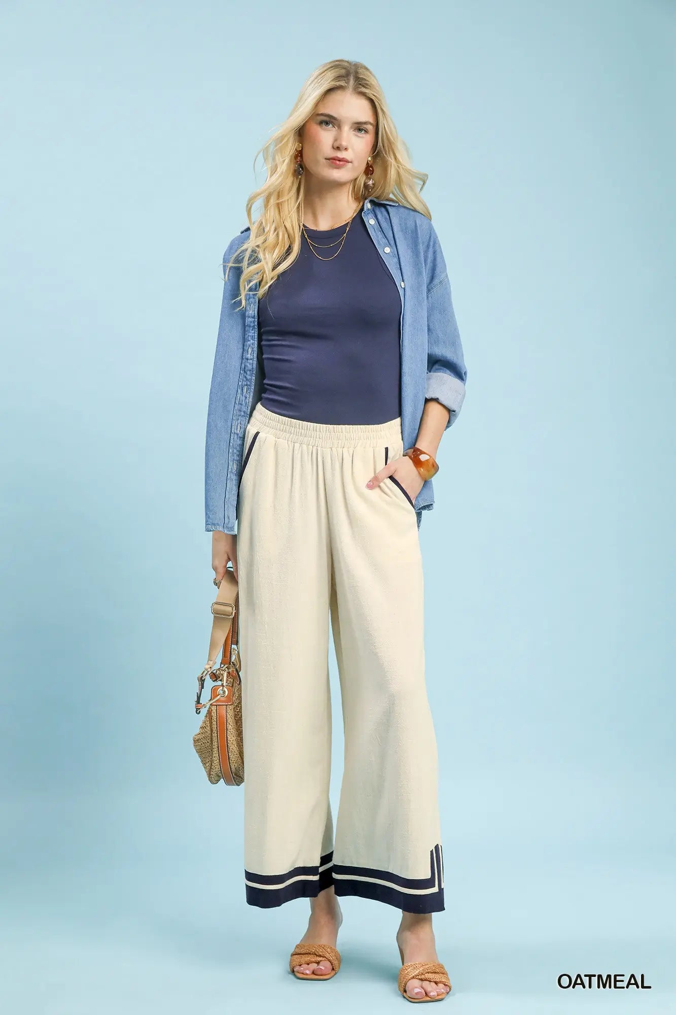 Linen Wide Leg Contrast Trim Gauze Pants