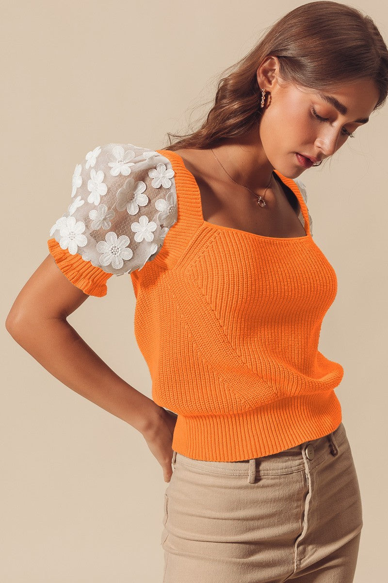 Floral Lace Puff Sleeve Square Neck Knit Sweater