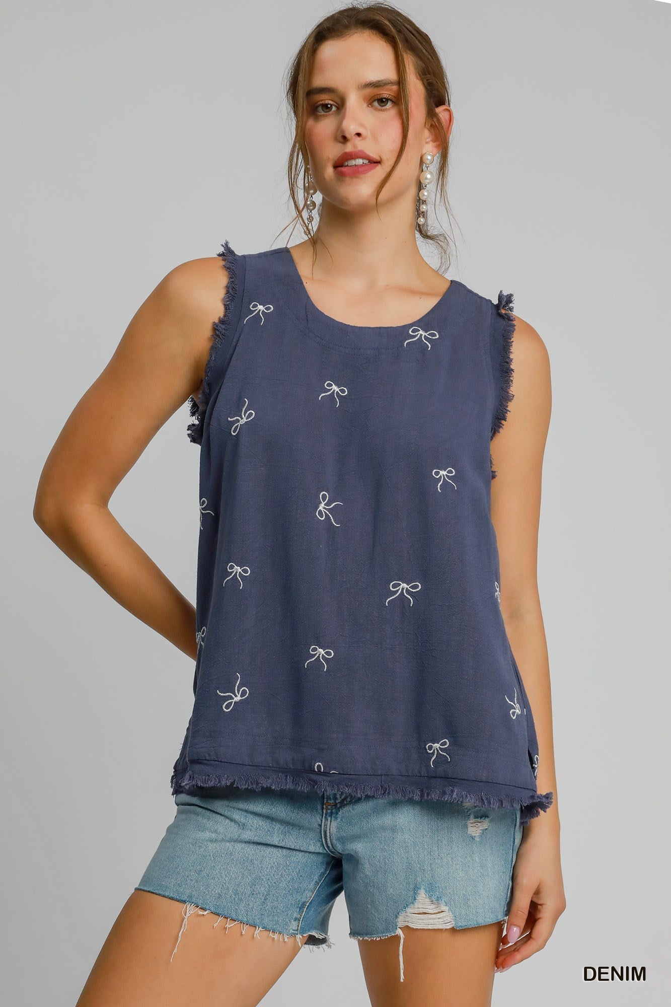 Linen Blend Ribbon Embroidered Top