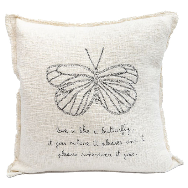 Embroidered Love Is Like A Butterfly Pillow 24"x24" BEIGE