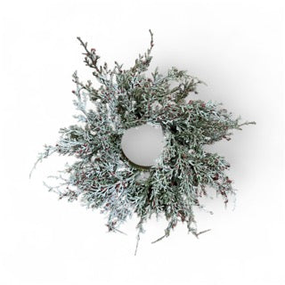 Glittered cedar and red berries candle ring