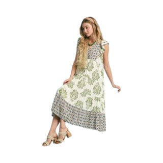 Ruffle Sleeve Mixed Print Midi Dress