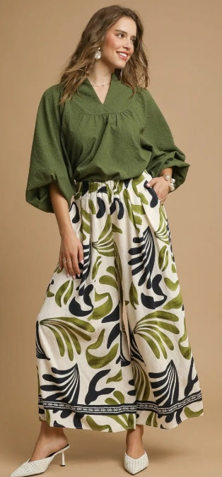 Mix Tropical Leaf Print Wide Leg Pants