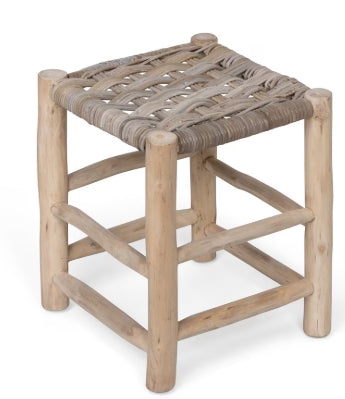 Teak and Rattan Woven Stool