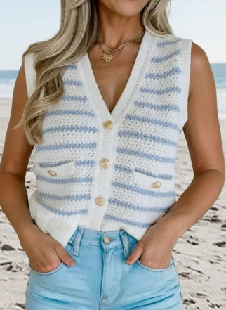 Stripe V Neck Gold Button Sweater Vest