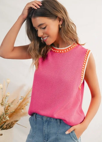Solid Beaded Sleeveless Shift Sweater