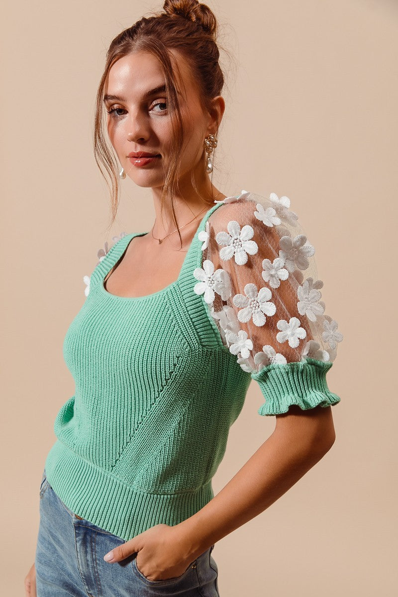 Floral Lace Puff Sleeve Square Neck Knit Sweater
