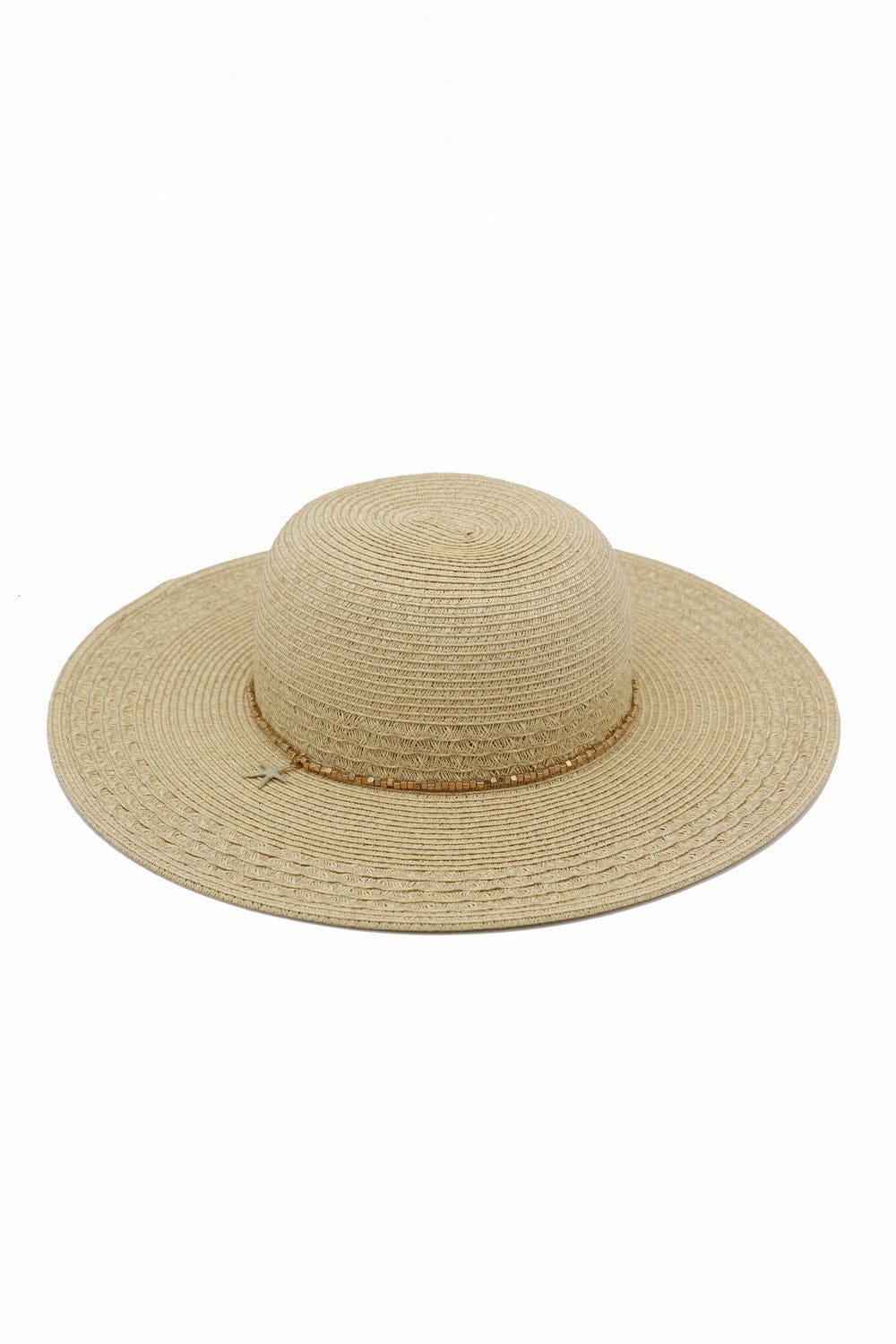 Wide Brim Straw Hat With Starfish Sequin Charm Band