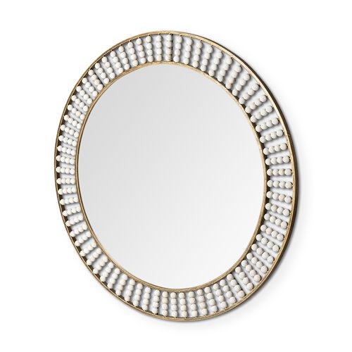 Round Gold Metal Frame Mirror w/White Wood Beads