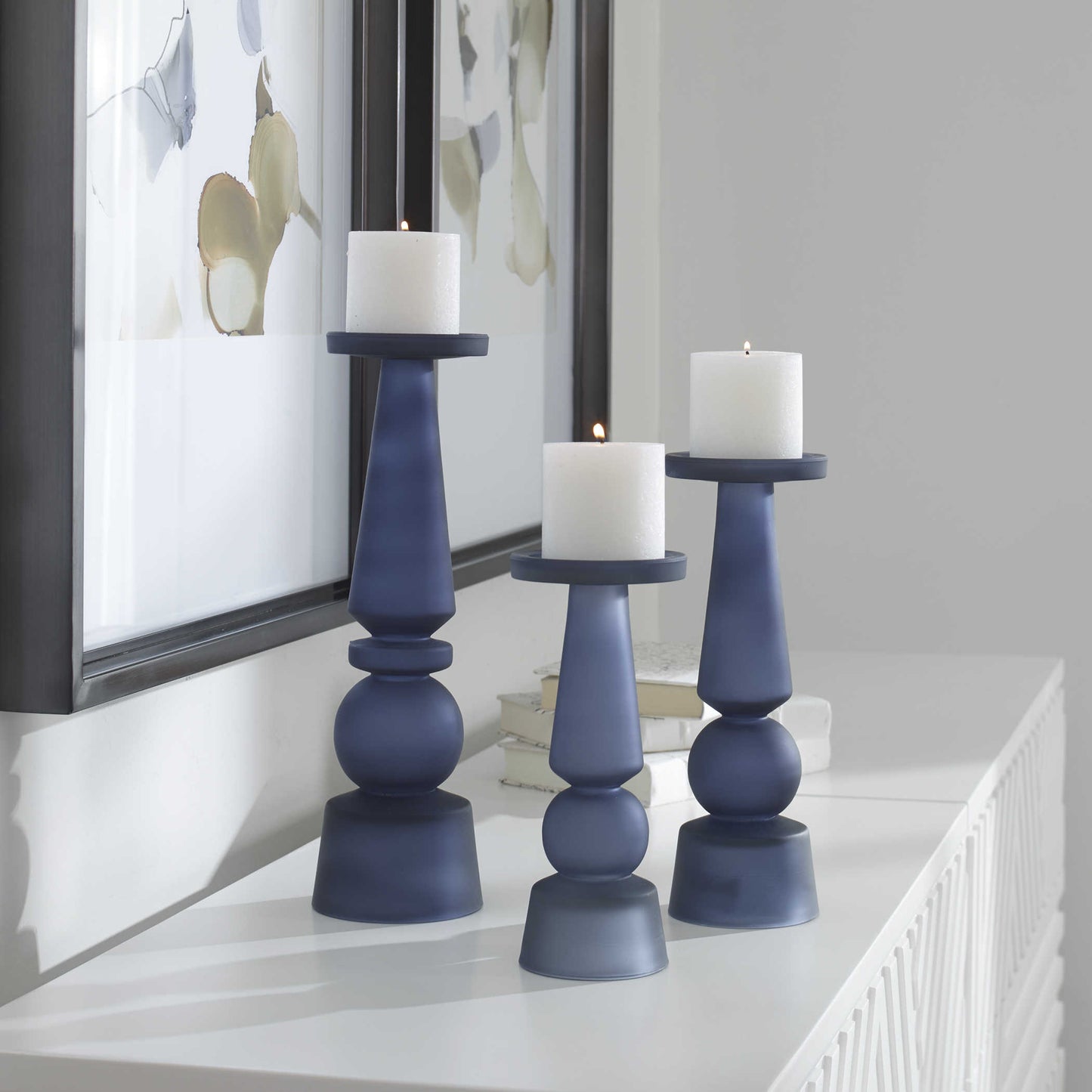 Blue Glass Candle Sticks w/ Candles