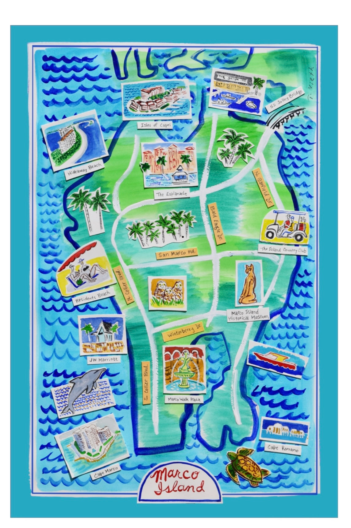 Marco Island Map Tea Towel