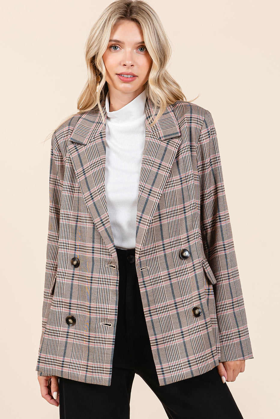 Plaid Double Breasted Relaxed Fit Blazer