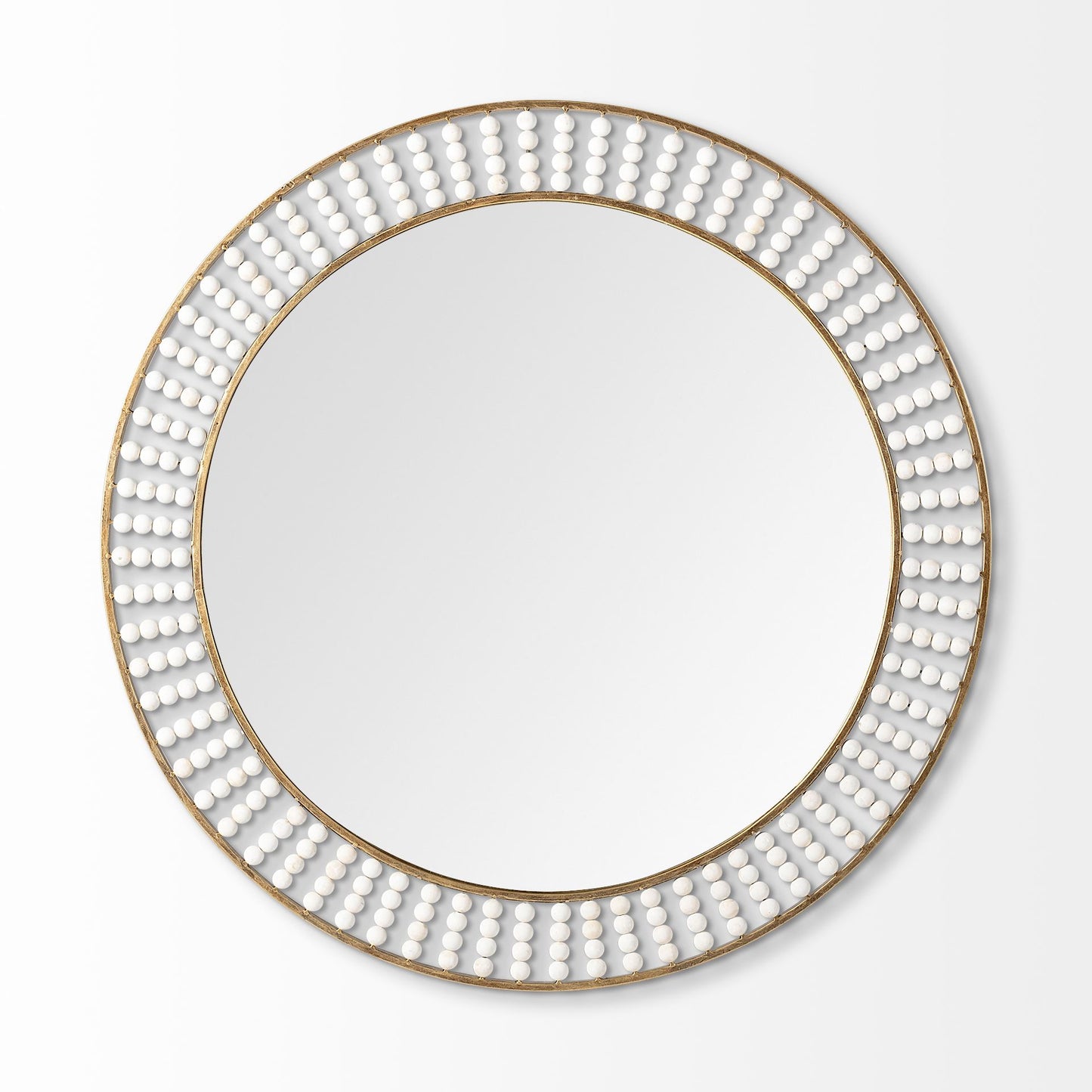 Round Gold Metal Frame Mirror w/White Wood Beads