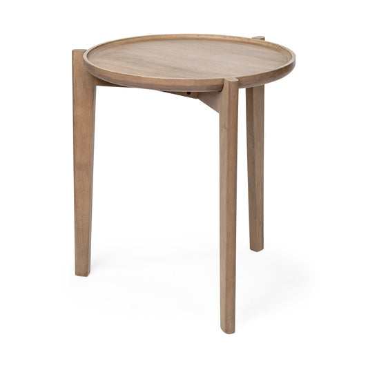 Round Top Brown Solid Wood Accent Table