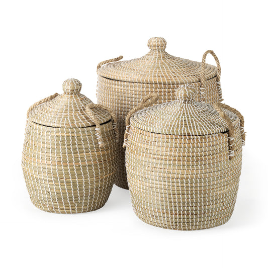 Beige Seagrass Basket W/Lid and Handles