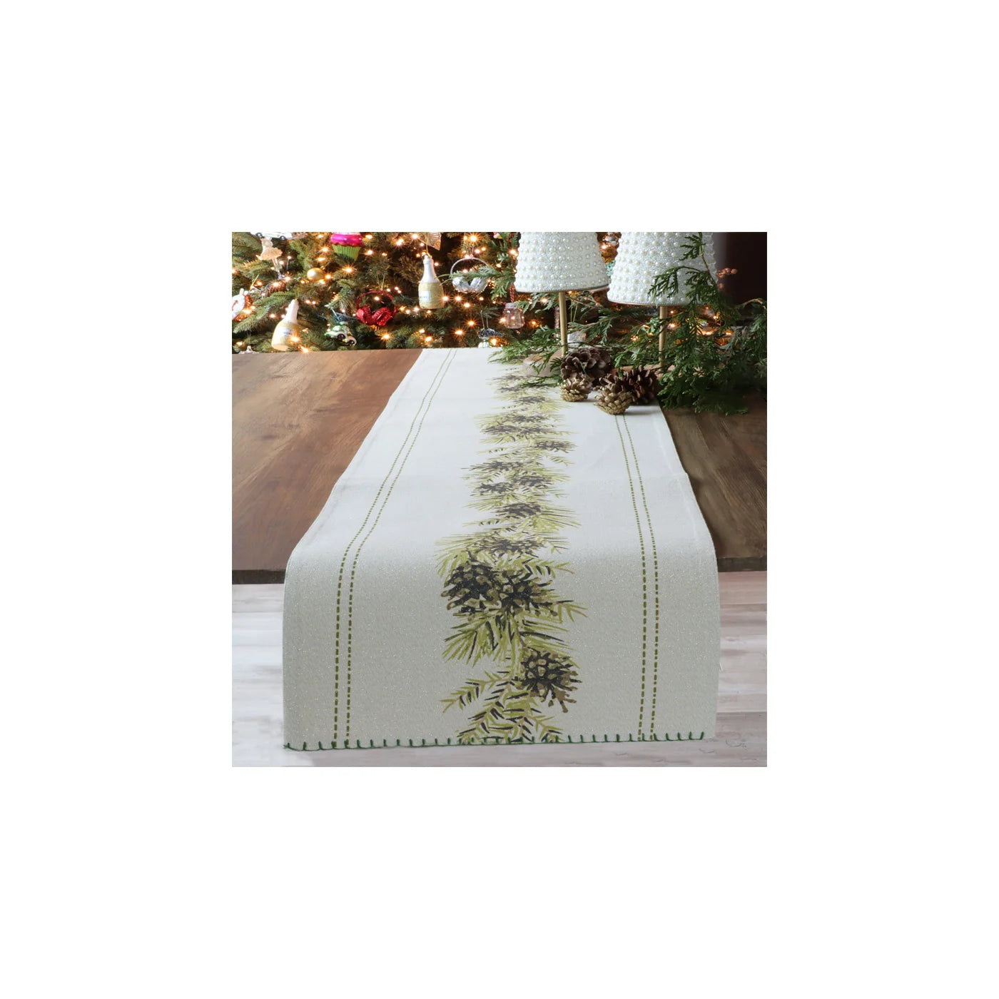 Shimmer Pinecone Table Runner in Green.