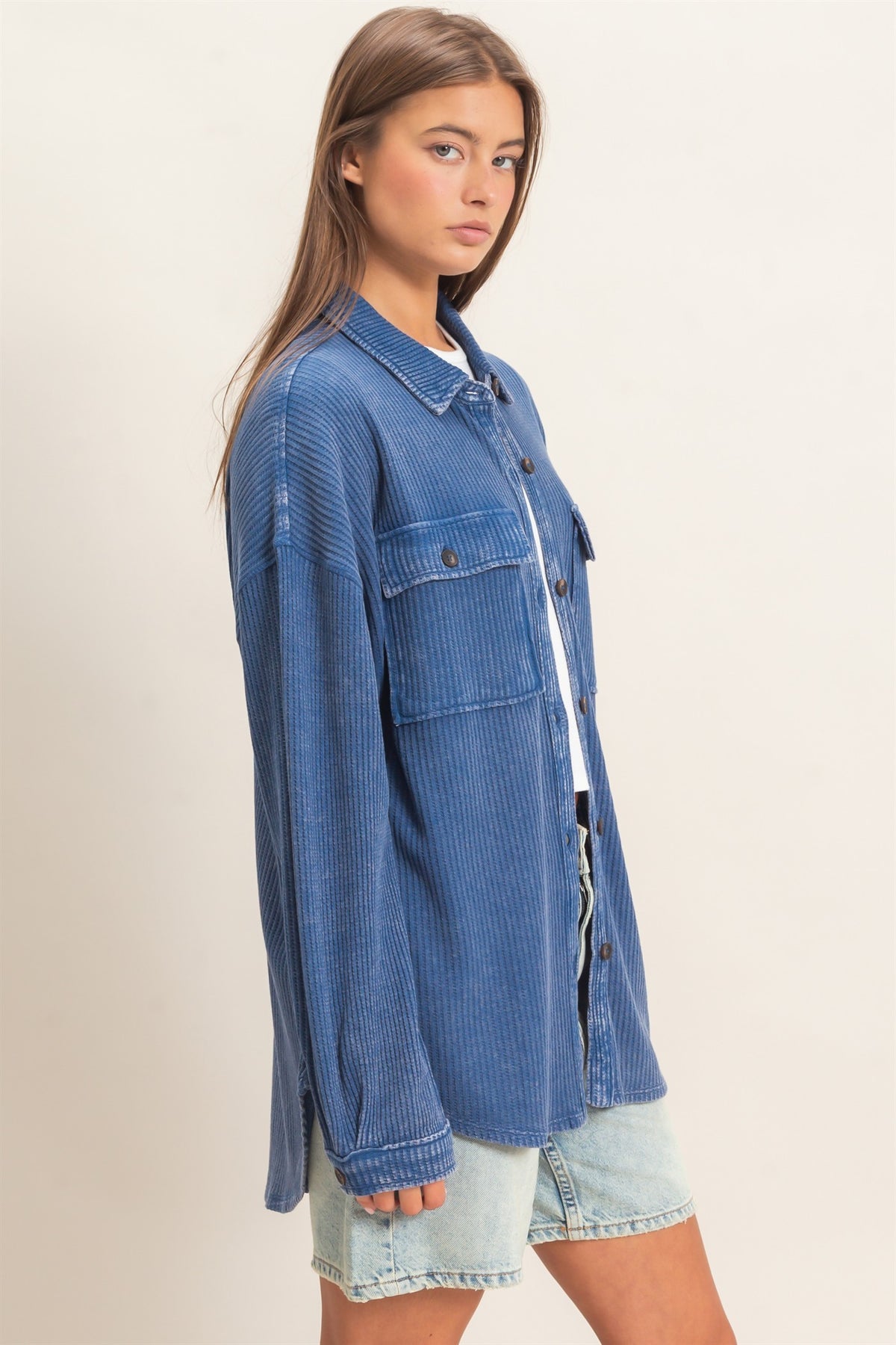 Mineral Wash Waffle Knit Button-up Shacket