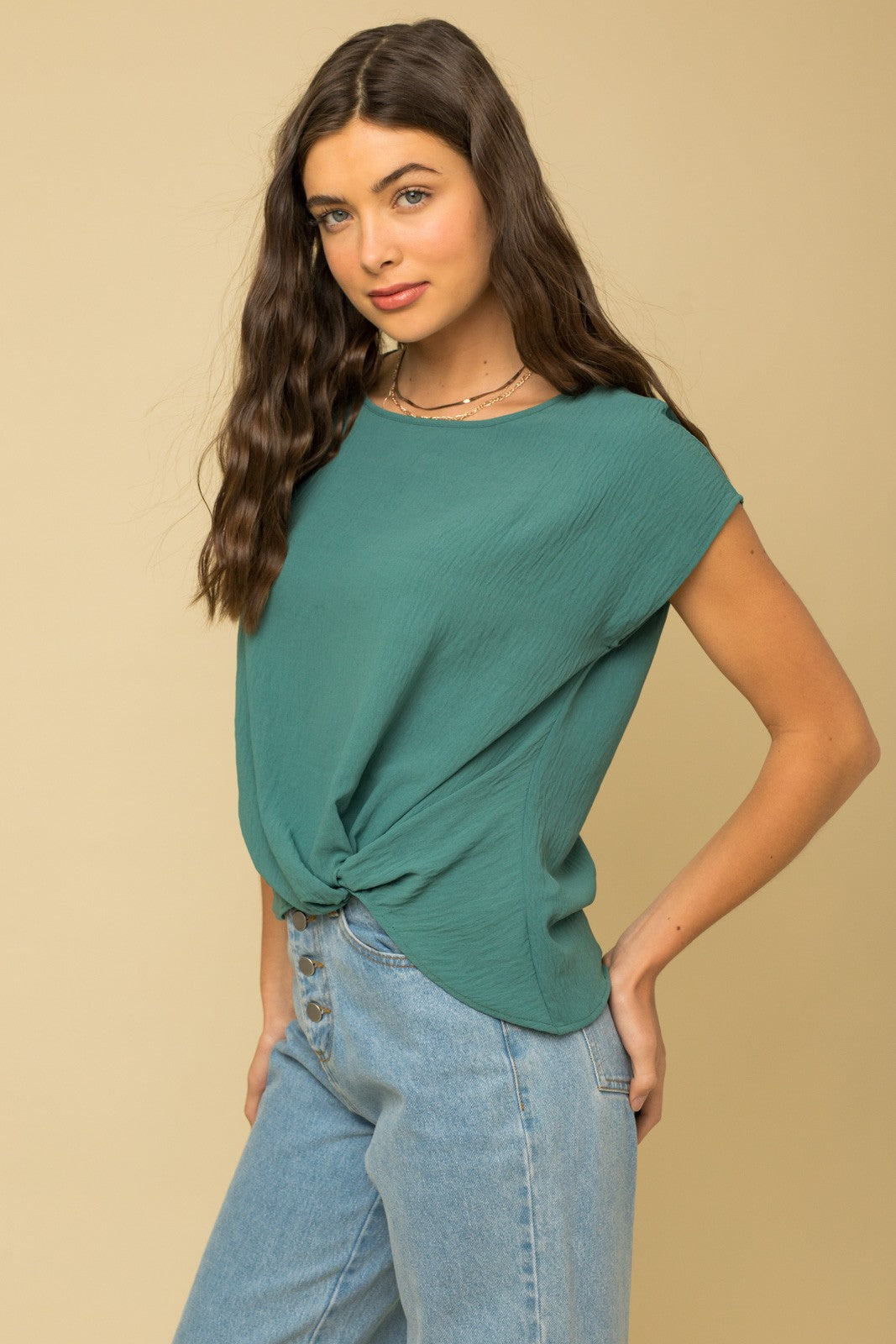 Short Sleeve Top With Twist Hem Detail