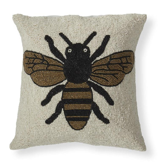 14 Inch Handcrafted Glass Beaded Bee Square Pillow