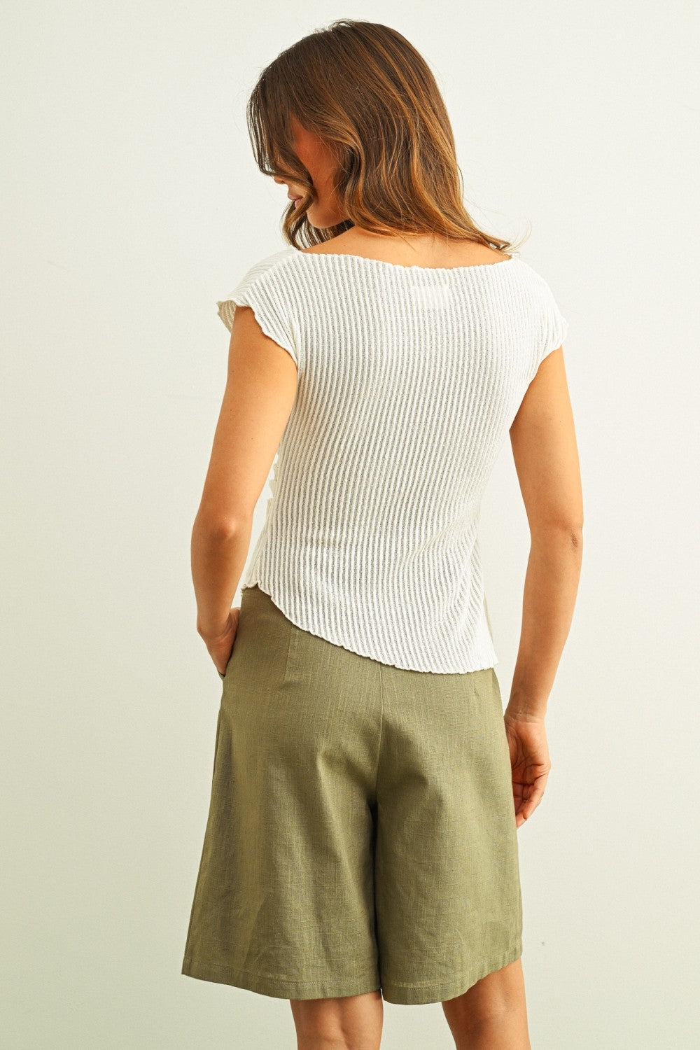 Crinkled Fabric Cap Sleeve Top W/ Shirring Detail