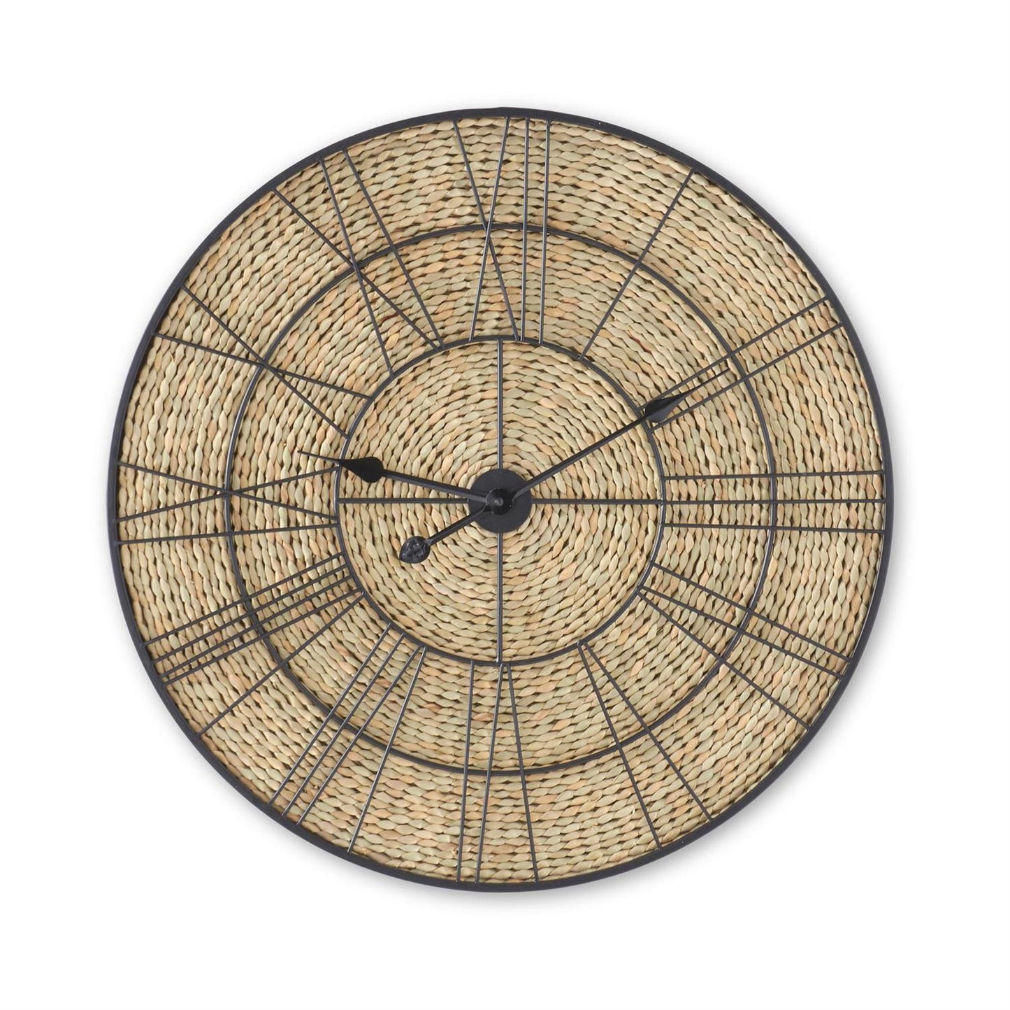 26.75 Inch Woven Rattan & Black Metal Wall Clock