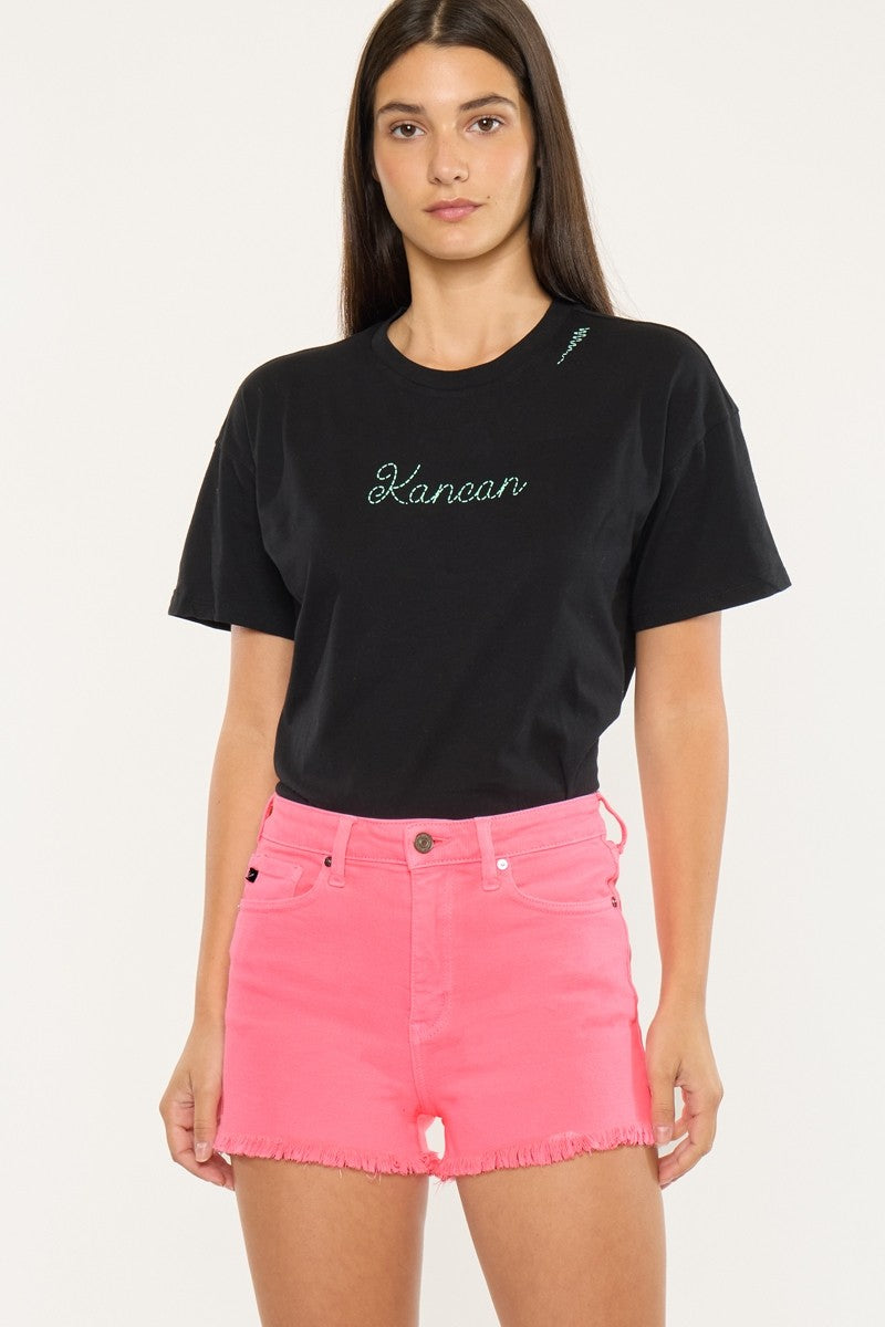High Rise Peach Color Denim Shorts