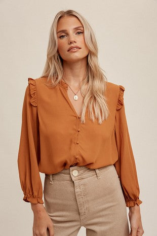 Lace Contrast Button Down Ruffle Blouse