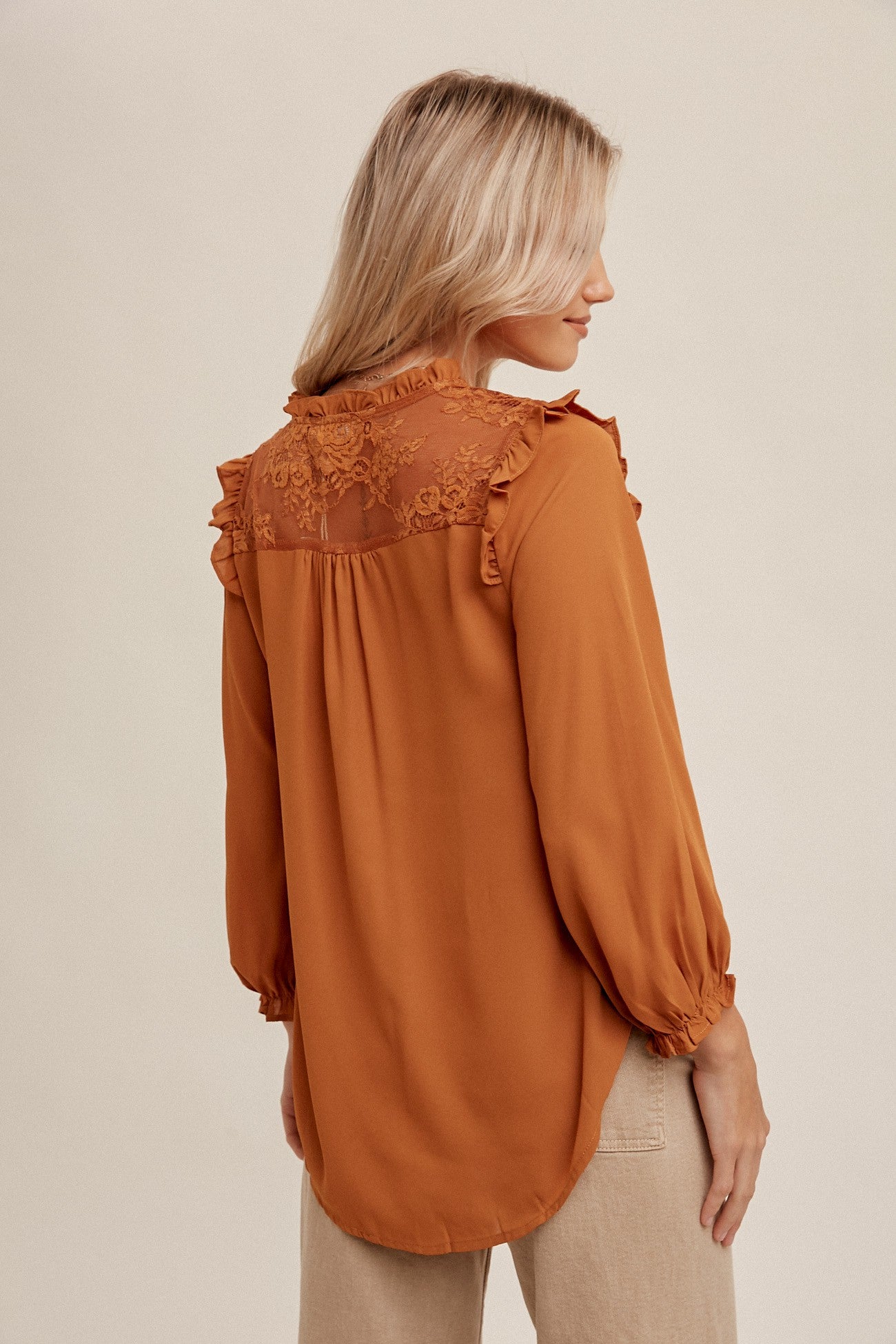 Lace Contrast Button Down Ruffle Blouse