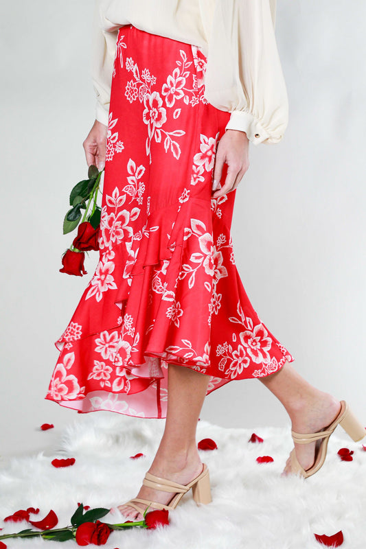 Floral ruffle skirt-red