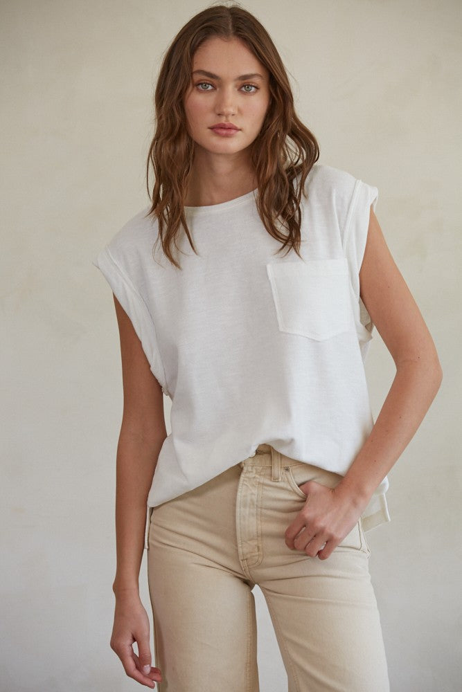 White Knit Sleeveless Top with Pocket