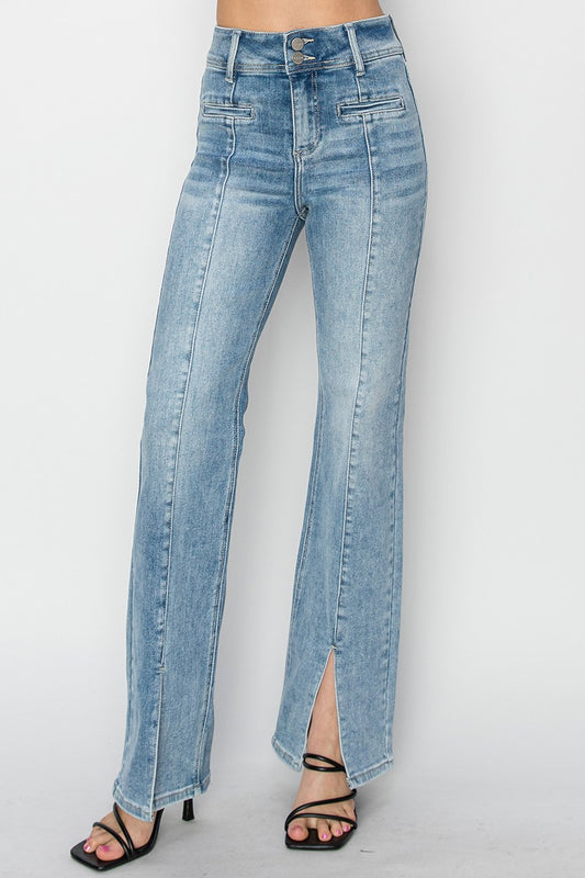 High-Rise Ankle Straight Front Open Slit Jeans