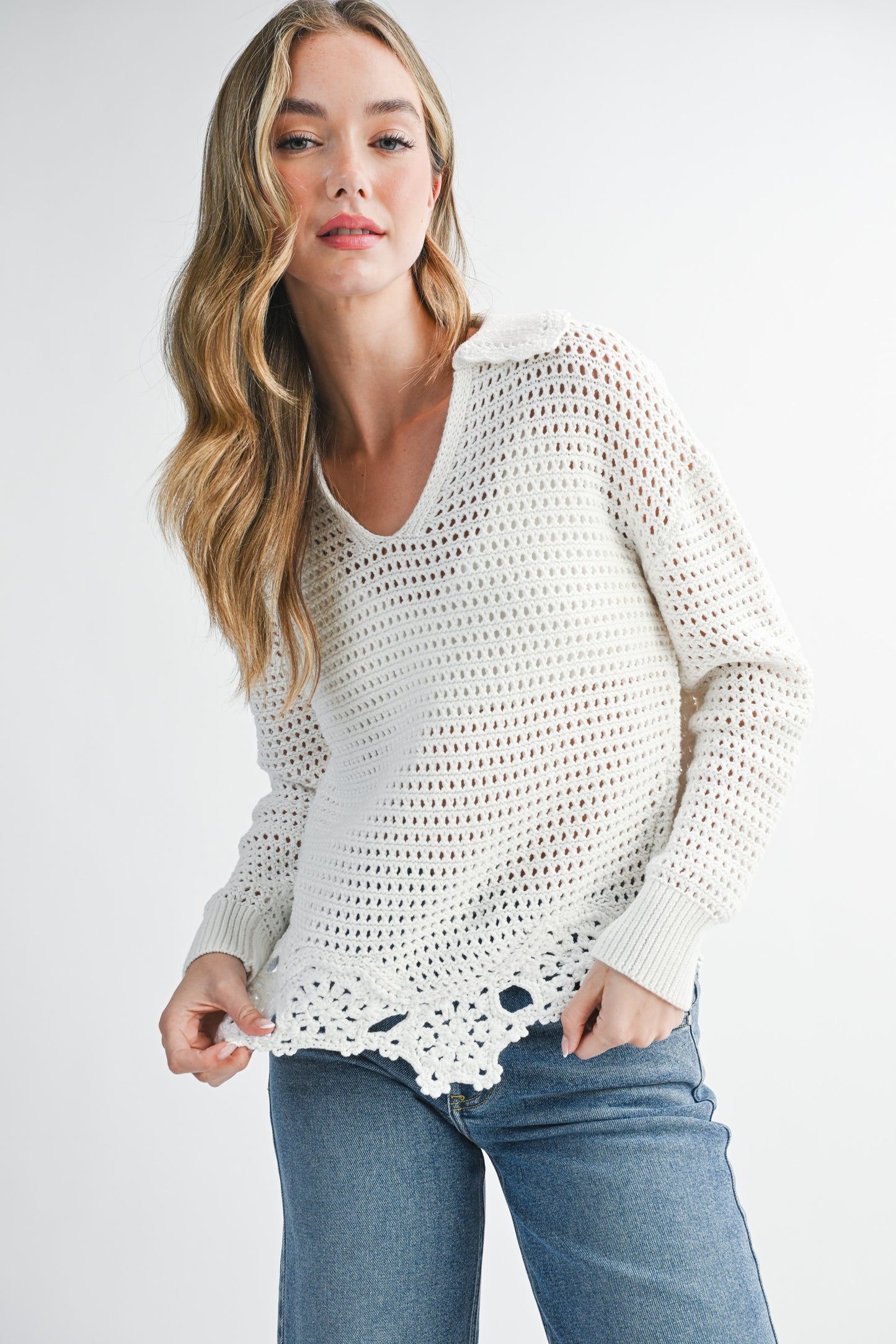 Open Knit Crochet Hem Pullover Sweater