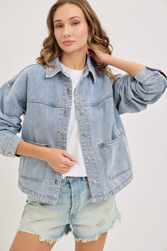 Washed Denim Jacket With Patch Pocket
