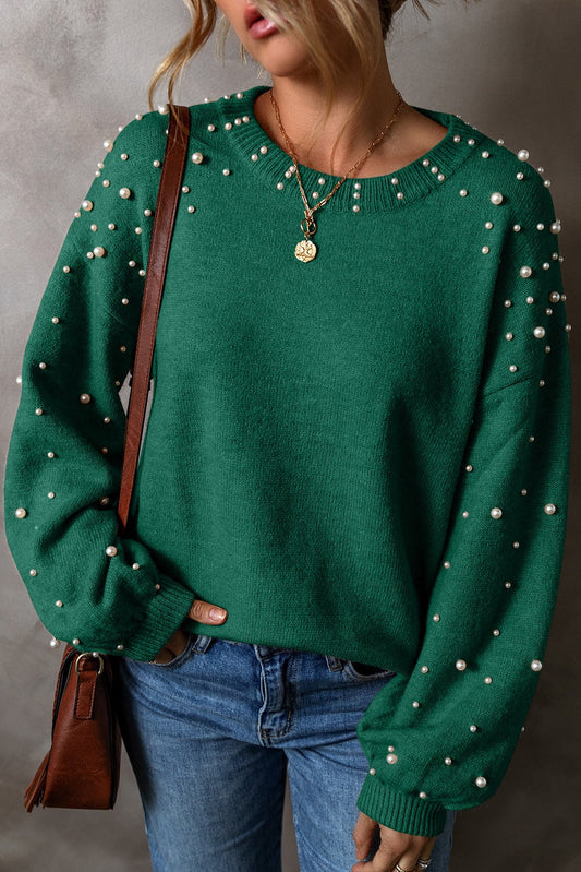 Pearl Embellished Crew Neck Knit Sweater