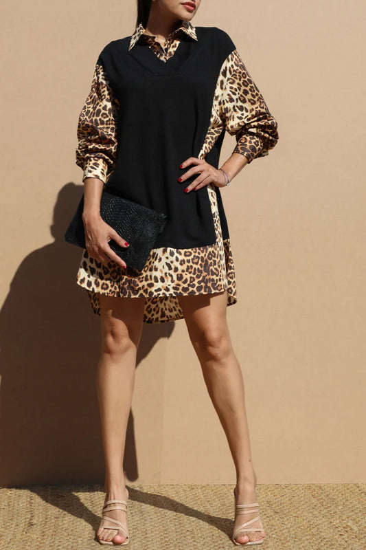 Black Leopard Knit Dress Shirt: Elegance Meets Boldness