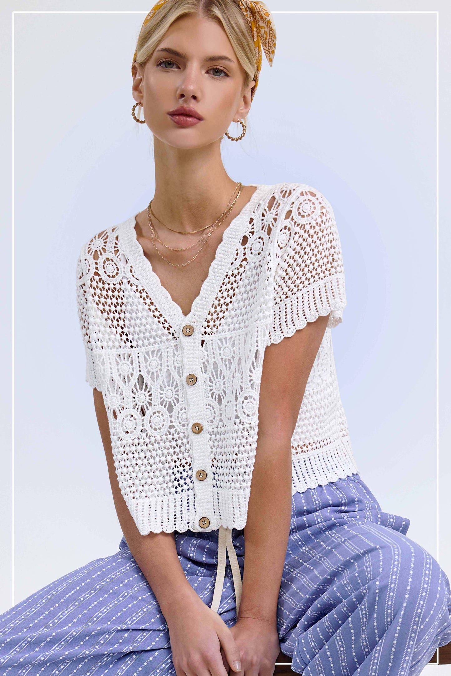 Open Knit Scallop Edge Button Down Cardigan