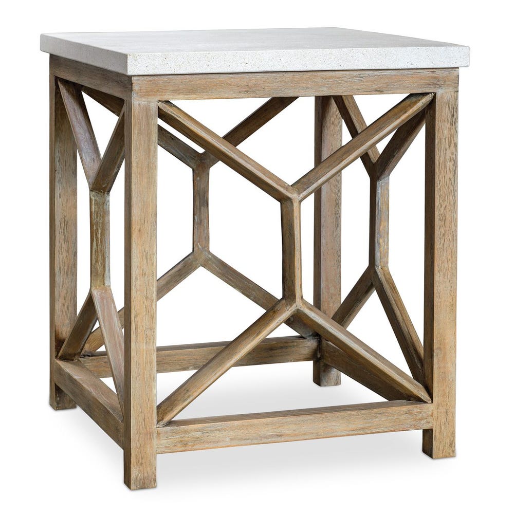 Natural Wood and Limestone Top Side Table