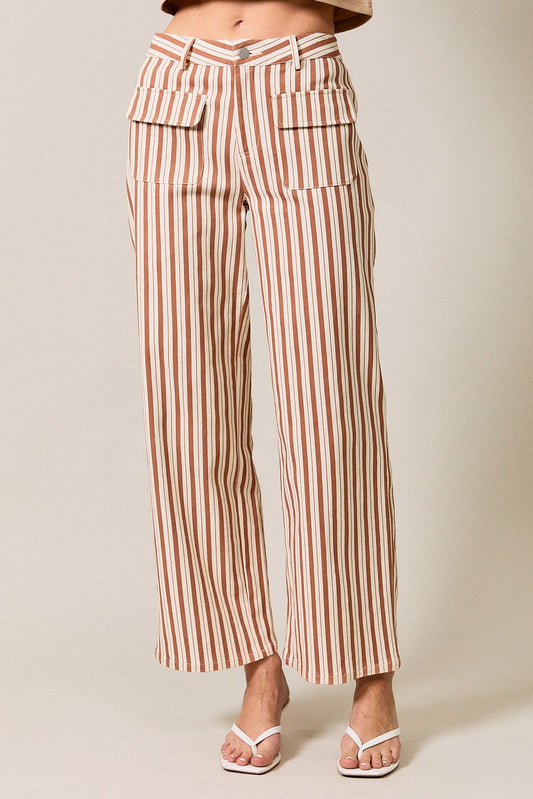 High Waist Front Pocket Detail Stripe Print Pants